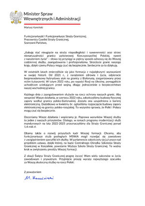 List z życzeniami Ministra SWiA z okazji Święta Straży Granicznej 